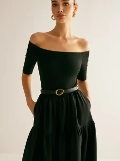 Clearance Cold-Shoulder Panel Pleated Belted Dress Black Dresses|Casual Dresses