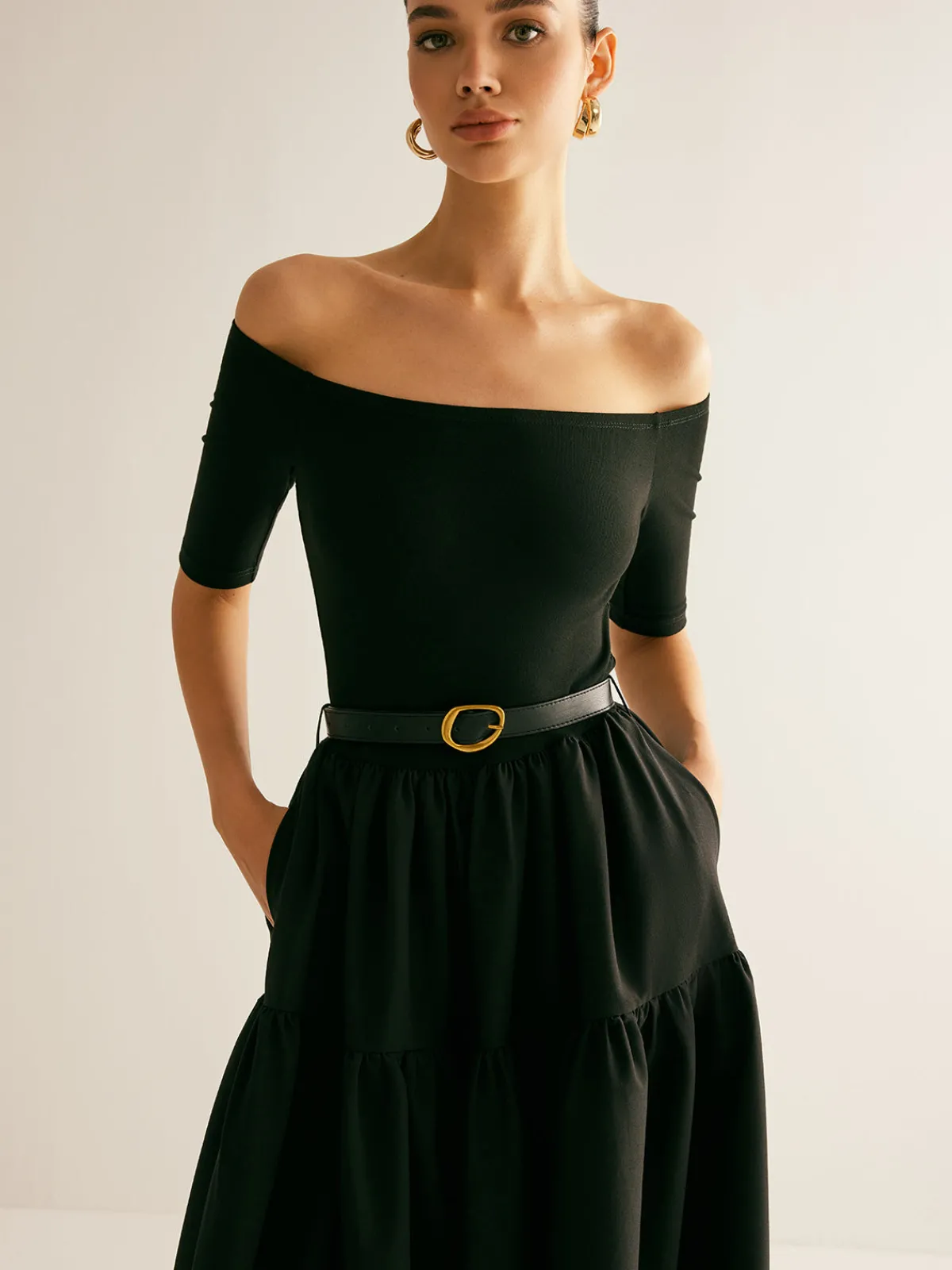 Clearance Cold-Shoulder Panel Pleated Belted Dress Black Dresses|Casual Dresses