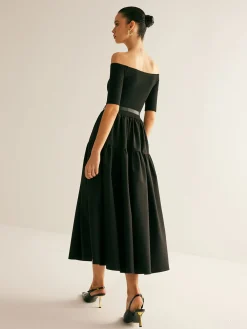 Clearance Cold-Shoulder Panel Pleated Belted Dress Black Dresses|Casual Dresses