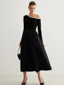 Online Cold-Shoulder Pockets Panel Dress Without Belt Black Dresses|Casual Dresses