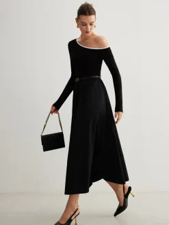 Online Cold-Shoulder Pockets Panel Dress Without Belt Black Dresses|Casual Dresses