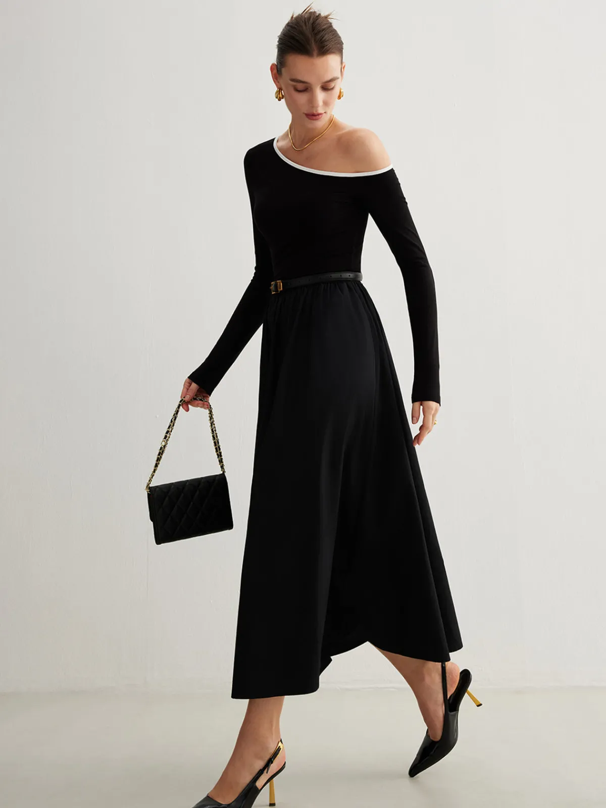 Online Cold-Shoulder Pockets Panel Dress Without Belt Black Dresses|Casual Dresses