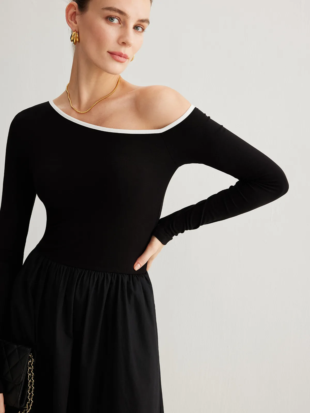 Online Cold-Shoulder Pockets Panel Dress Without Belt Black Dresses|Casual Dresses