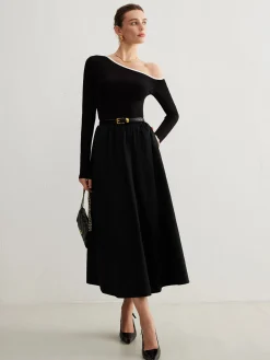 Online Cold-Shoulder Pockets Panel Dress Without Belt Black Dresses|Casual Dresses