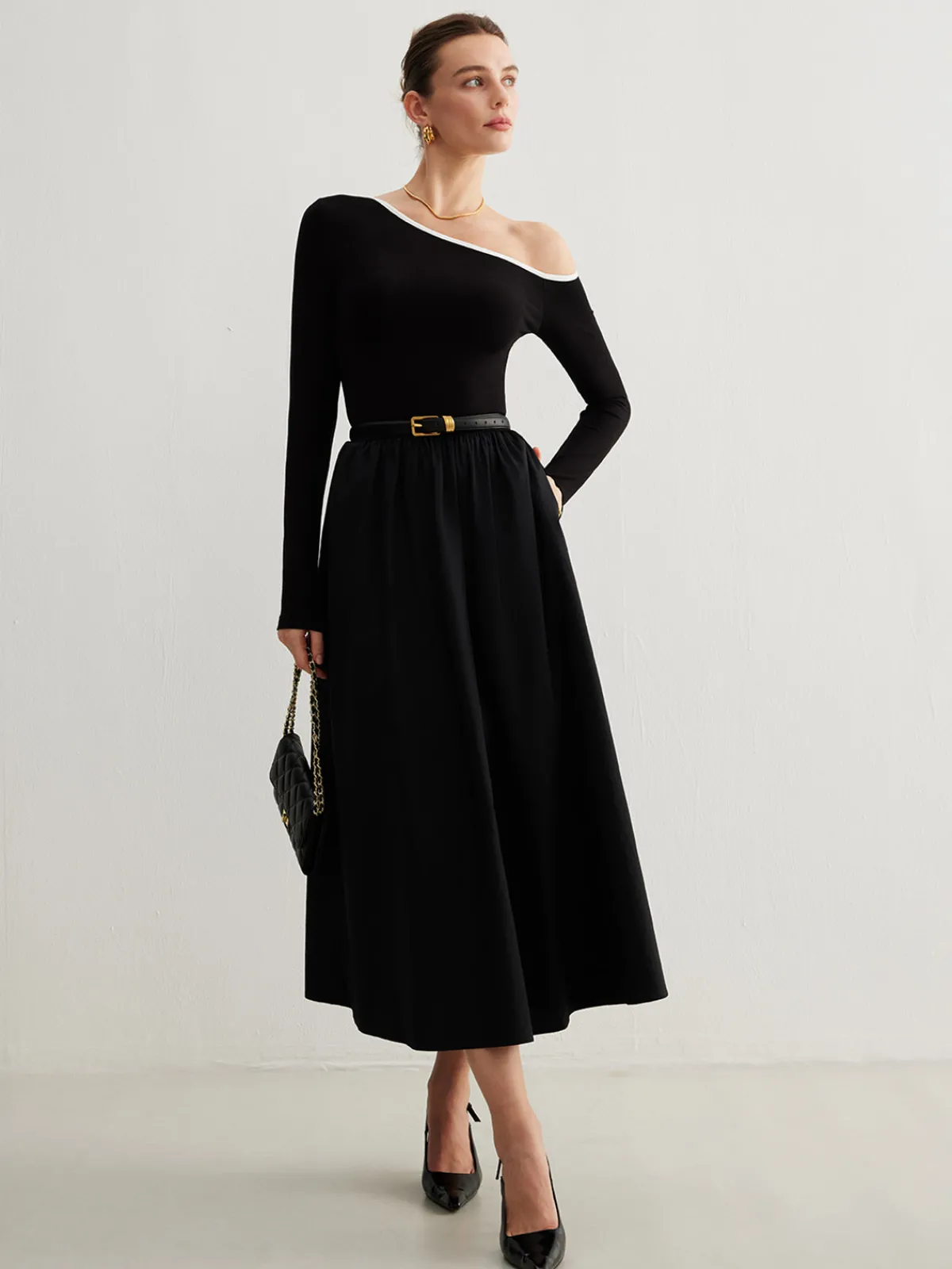 Online Cold-Shoulder Pockets Panel Dress Without Belt Black Dresses|Casual Dresses