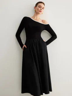 Online Cold-Shoulder Pockets Panel Dress Without Belt Black Dresses|Casual Dresses
