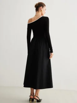 Online Cold-Shoulder Pockets Panel Dress Without Belt Black Dresses|Casual Dresses