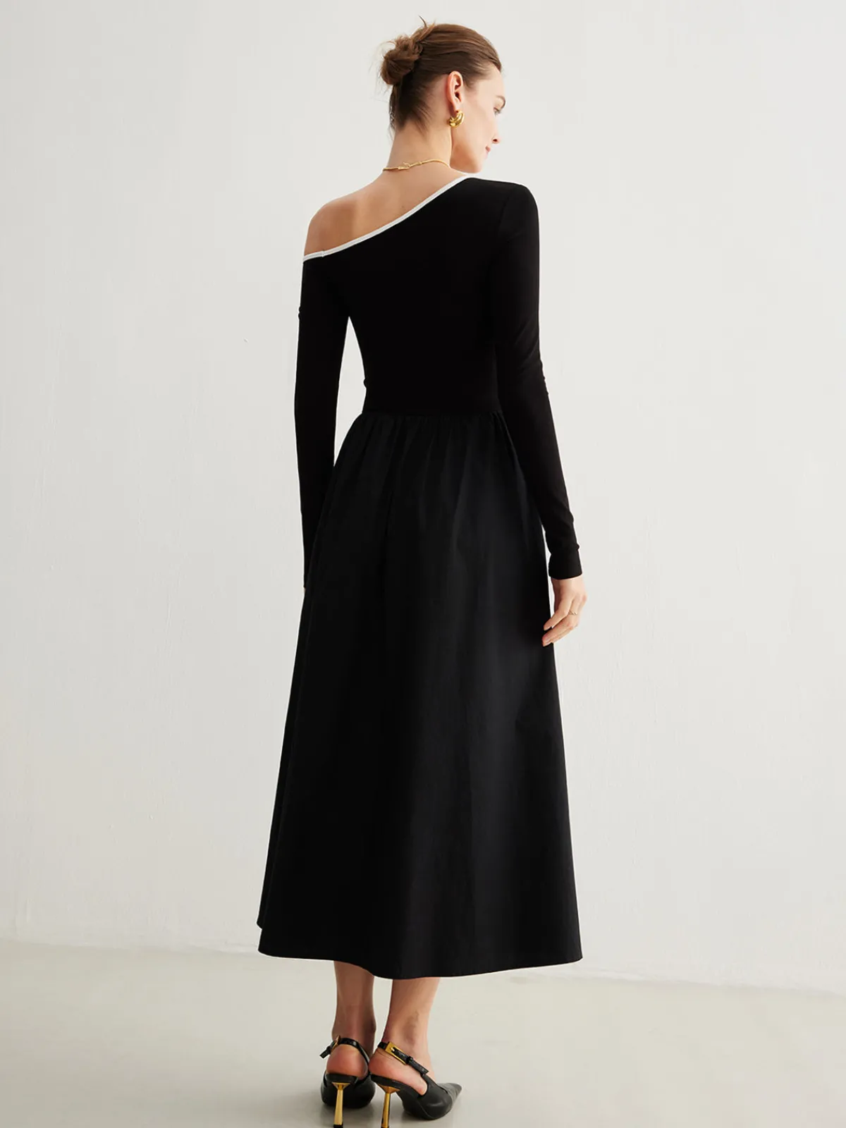Online Cold-Shoulder Pockets Panel Dress Without Belt Black Dresses|Casual Dresses