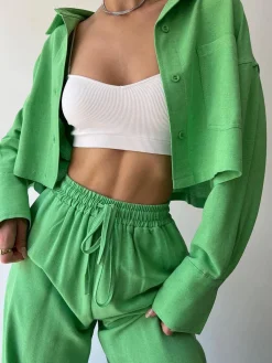 Hot Collared Drawstring Two Piece Pants Set Matching Sets|Bottoms