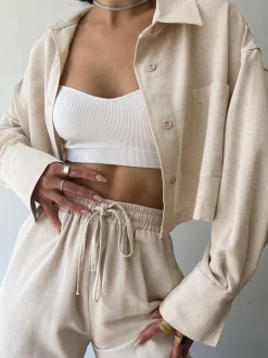 Hot Collared Drawstring Two Piece Pants Set Matching Sets|Bottoms