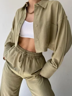 Hot Collared Drawstring Two Piece Pants Set Matching Sets|Bottoms