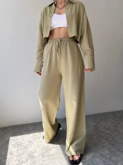 Hot Collared Drawstring Two Piece Pants Set Matching Sets|Bottoms