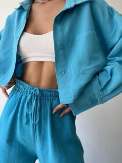 Hot Collared Drawstring Two Piece Pants Set Matching Sets|Bottoms