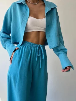Hot Collared Drawstring Two Piece Pants Set Matching Sets|Bottoms