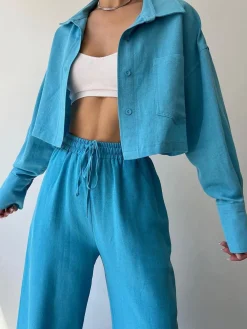 Hot Collared Drawstring Two Piece Pants Set Matching Sets|Bottoms