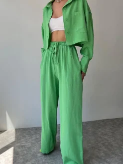 Hot Collared Drawstring Two Piece Pants Set Matching Sets|Bottoms