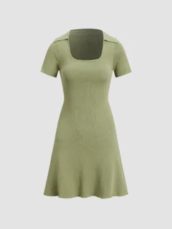 Best Collared Ribbed Square Neck Short Dress Casual Dresses|Work Dresses