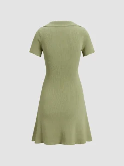 Best Collared Ribbed Square Neck Short Dress Casual Dresses|Work Dresses