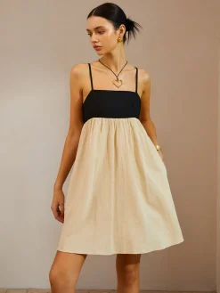 Hot Color Block Backless Spaghetti Strap Short Dress Casual Dresses|Vacation Dresses