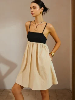 Hot Color Block Backless Spaghetti Strap Short Dress Casual Dresses|Vacation Dresses