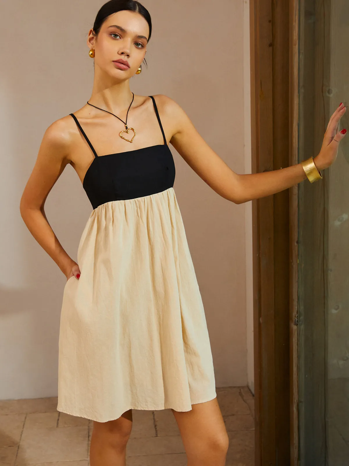 Hot Color Block Backless Spaghetti Strap Short Dress Casual Dresses|Vacation Dresses