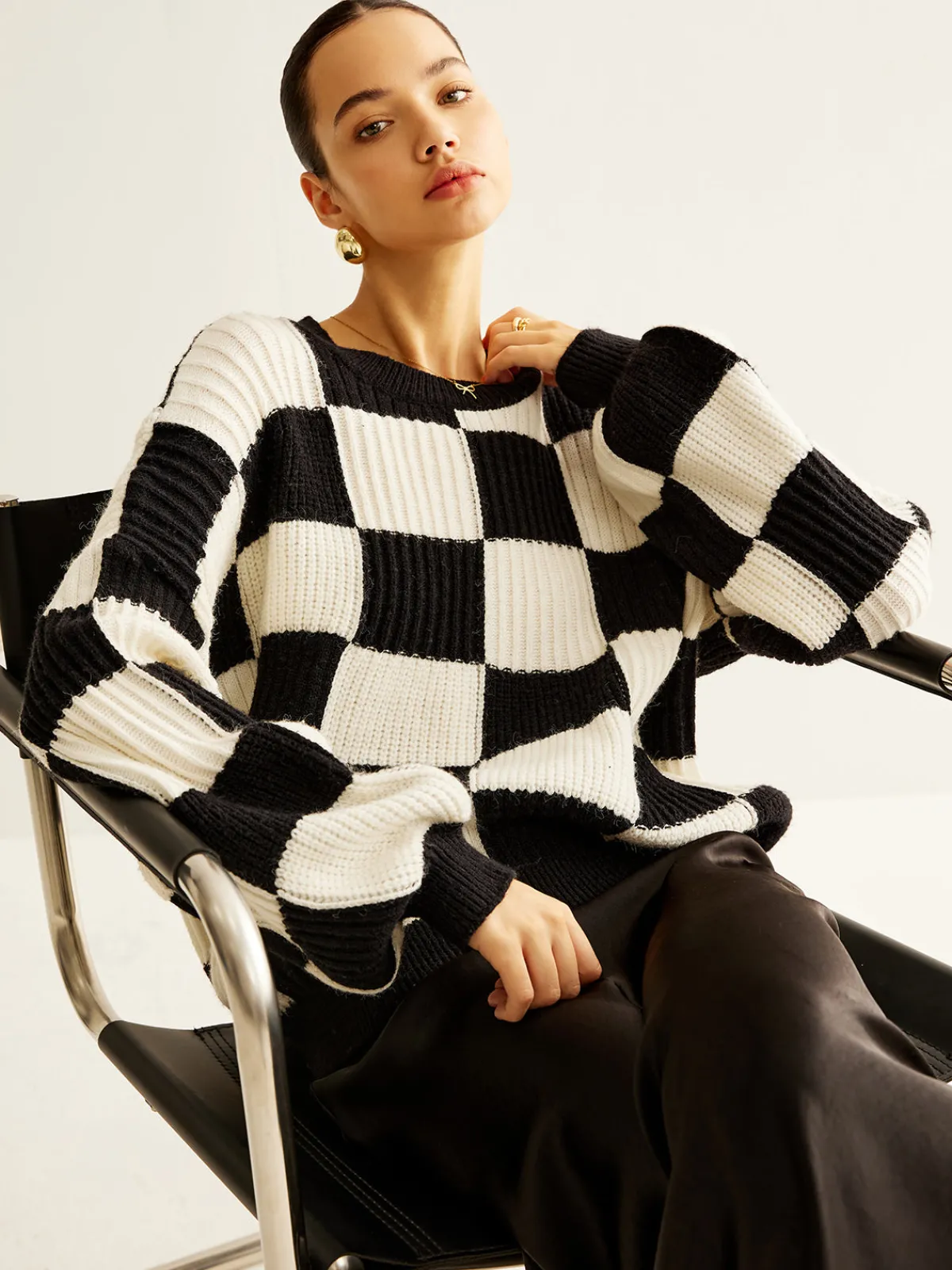 Discount Color Block Checkerboard Sweater Sweater Tops|Sweaters & Cardigans