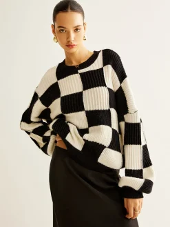 Discount Color Block Checkerboard Sweater Sweater Tops|Sweaters & Cardigans