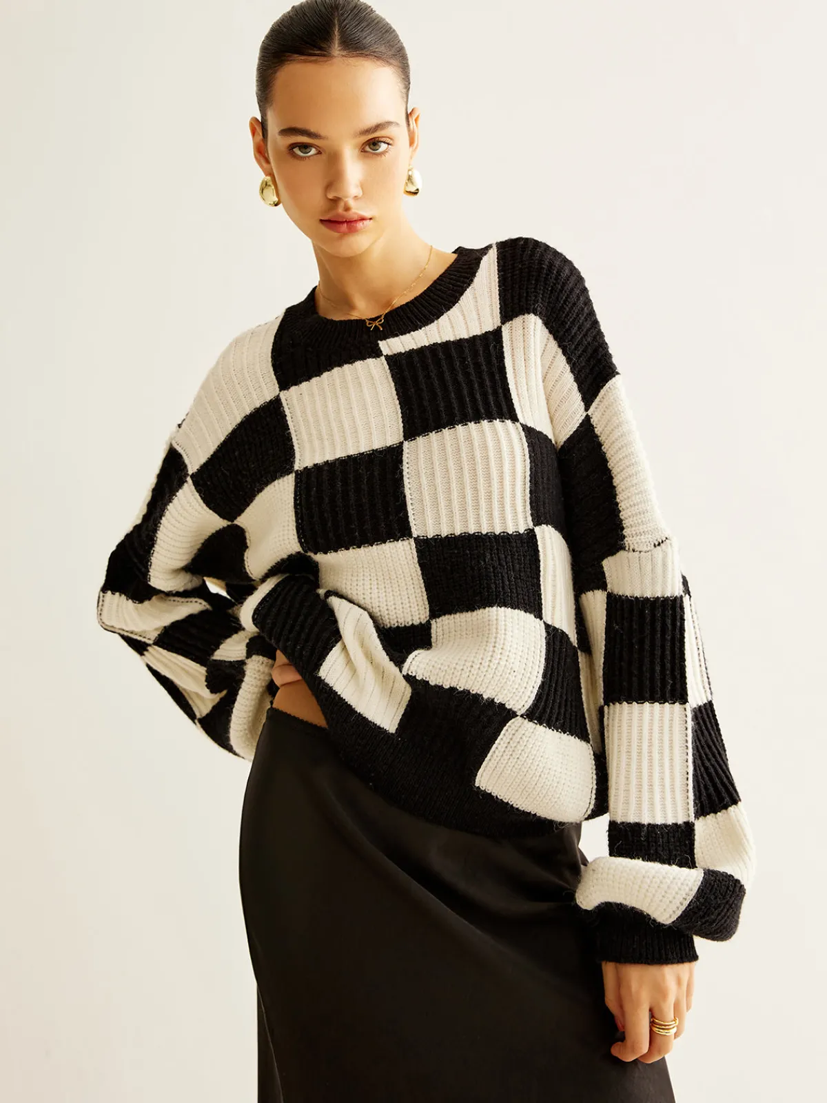 Discount Color Block Checkerboard Sweater Sweater Tops|Sweaters & Cardigans