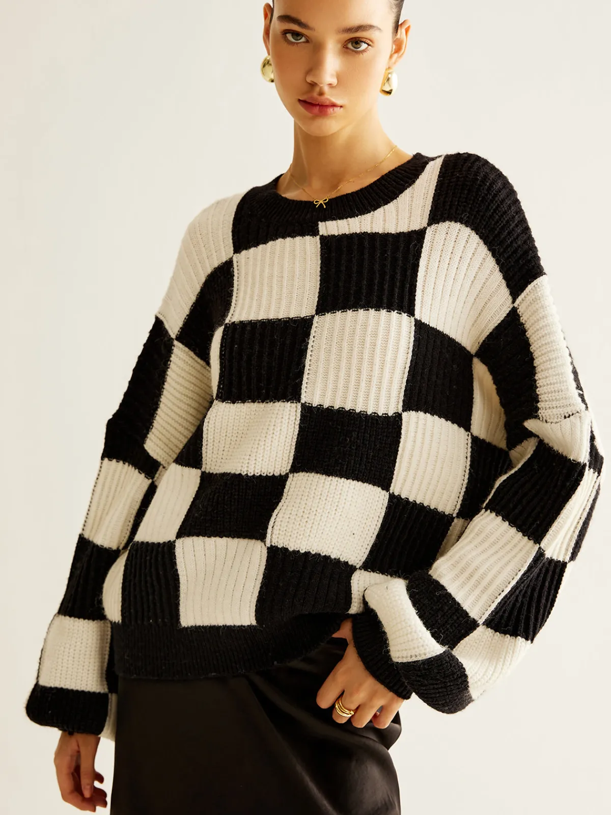 Discount Color Block Checkerboard Sweater Sweater Tops|Sweaters & Cardigans