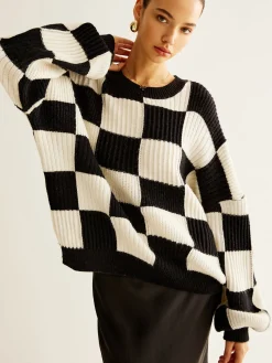 Discount Color Block Checkerboard Sweater Sweater Tops|Sweaters & Cardigans