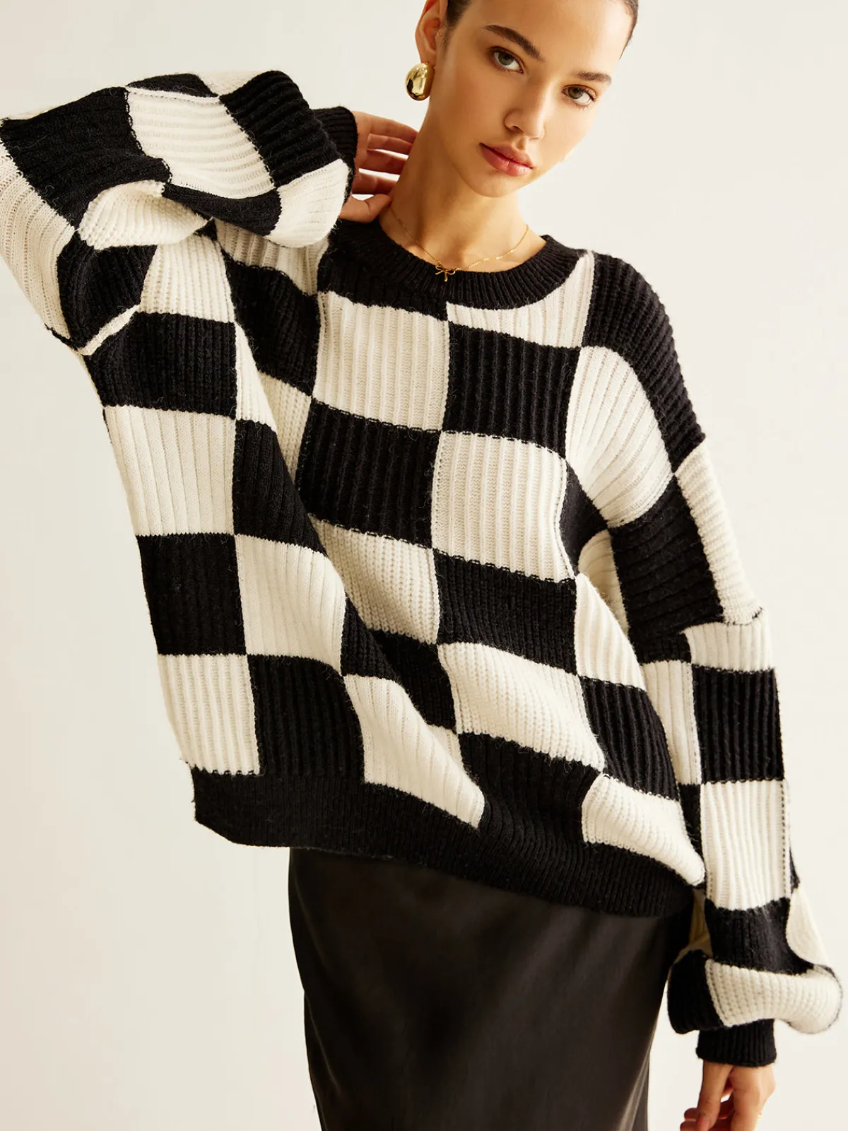 Discount Color Block Checkerboard Sweater Sweater Tops|Sweaters & Cardigans