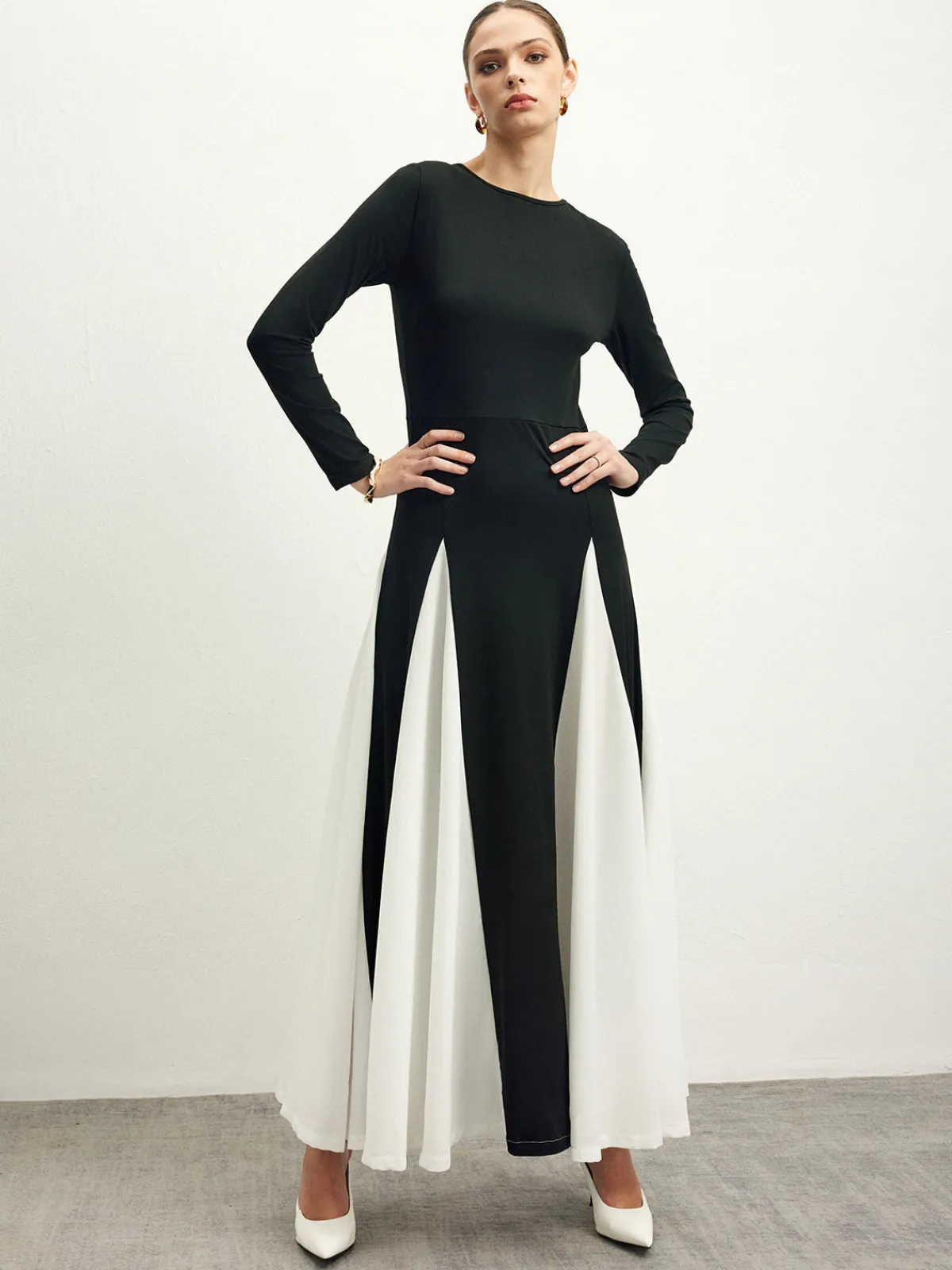 New Color Block Chiffon Flowy Dress Black Dresses|Cocktail & Party Dresses