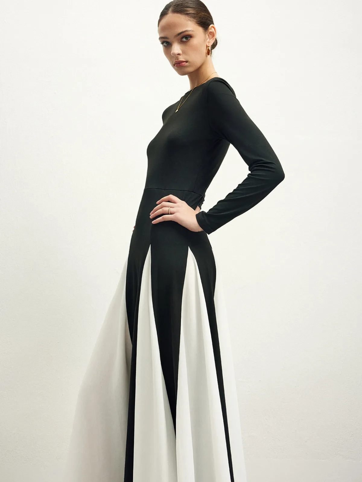New Color Block Chiffon Flowy Dress Black Dresses|Cocktail & Party Dresses
