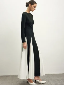 New Color Block Chiffon Flowy Dress Black Dresses|Cocktail & Party Dresses
