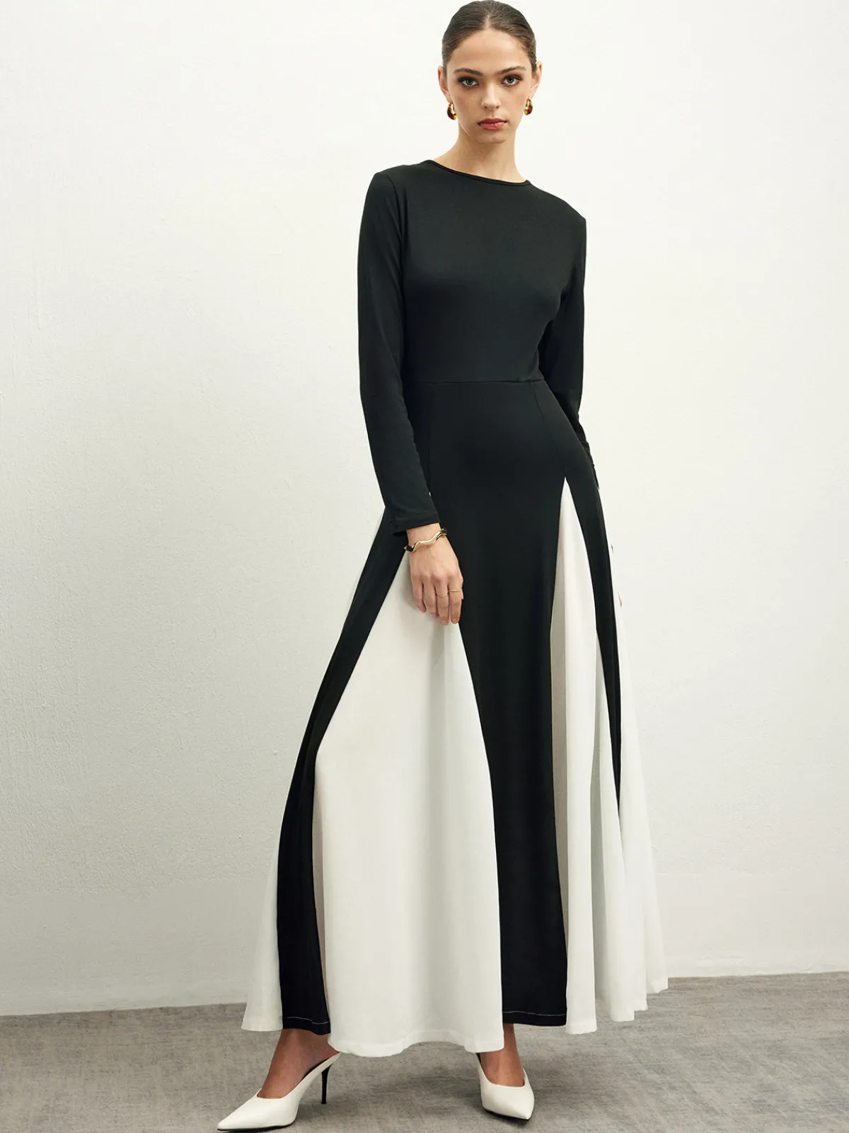 New Color Block Chiffon Flowy Dress Black Dresses|Cocktail & Party Dresses