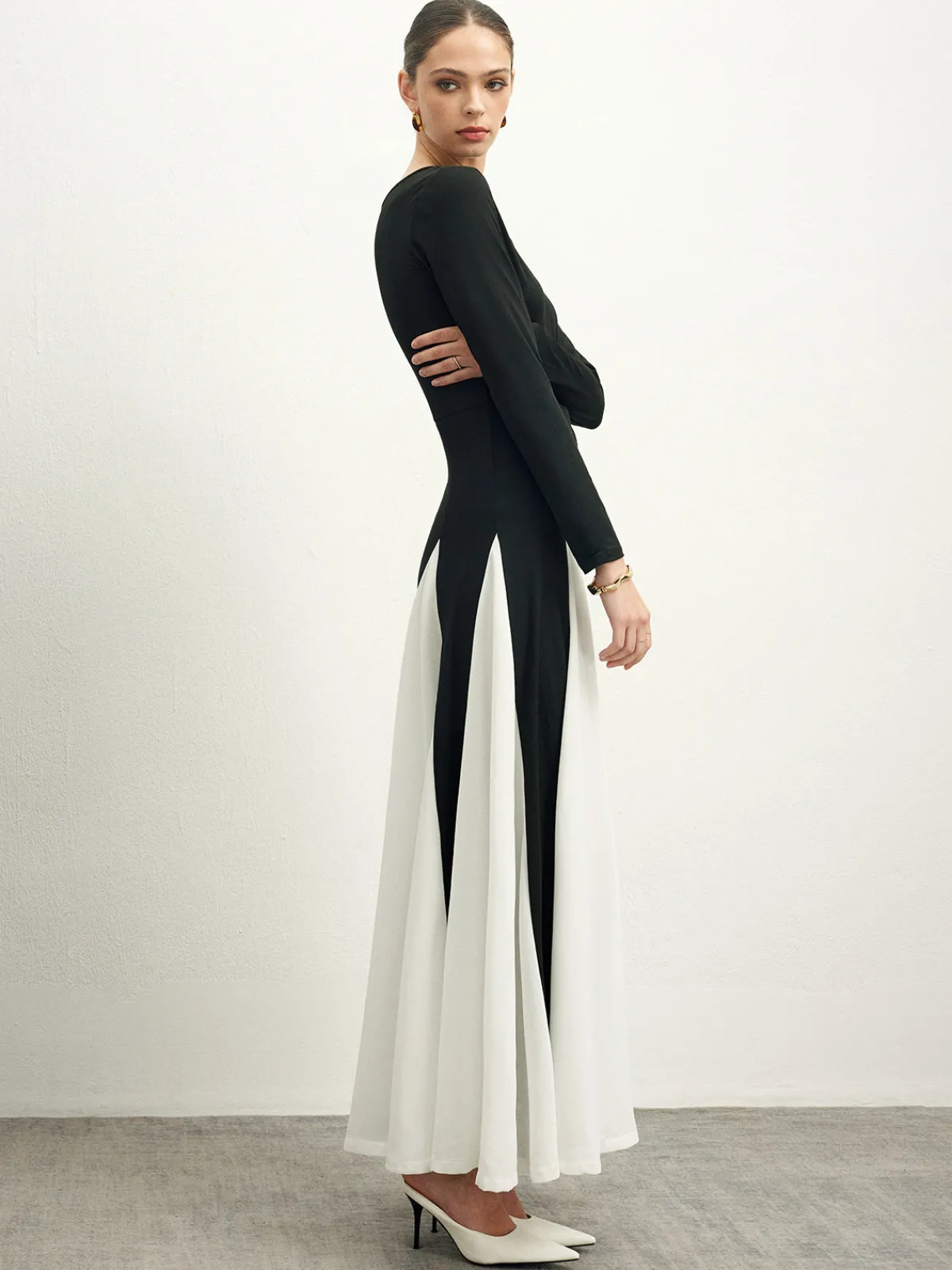 New Color Block Chiffon Flowy Dress Black Dresses|Cocktail & Party Dresses