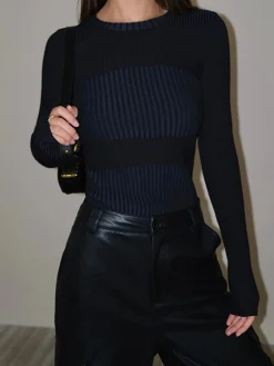 Clearance Color block Crew Neck Knit Top Sweater Tops|Sweaters & Cardigans