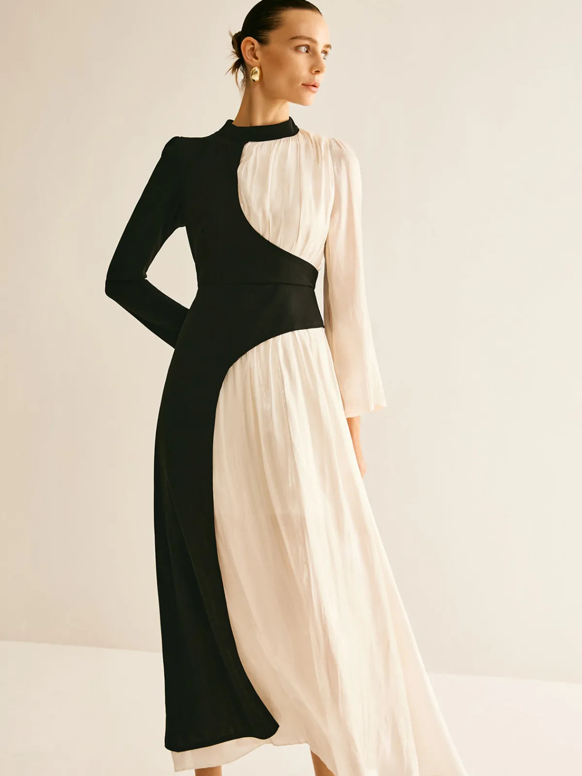 Outlet Color Block Drawstring Dress Black Dresses|Casual Dresses