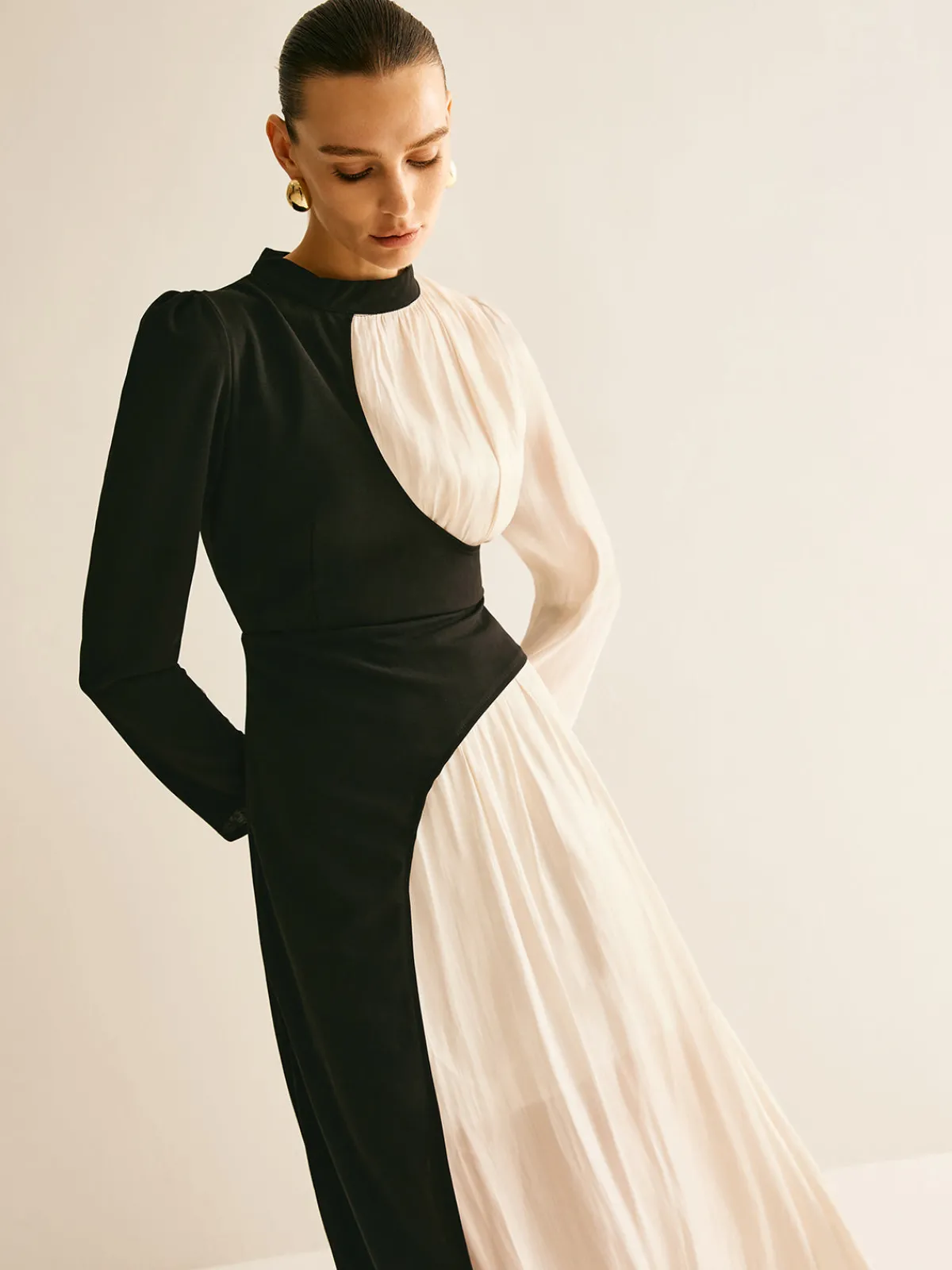 Outlet Color Block Drawstring Dress Black Dresses|Casual Dresses