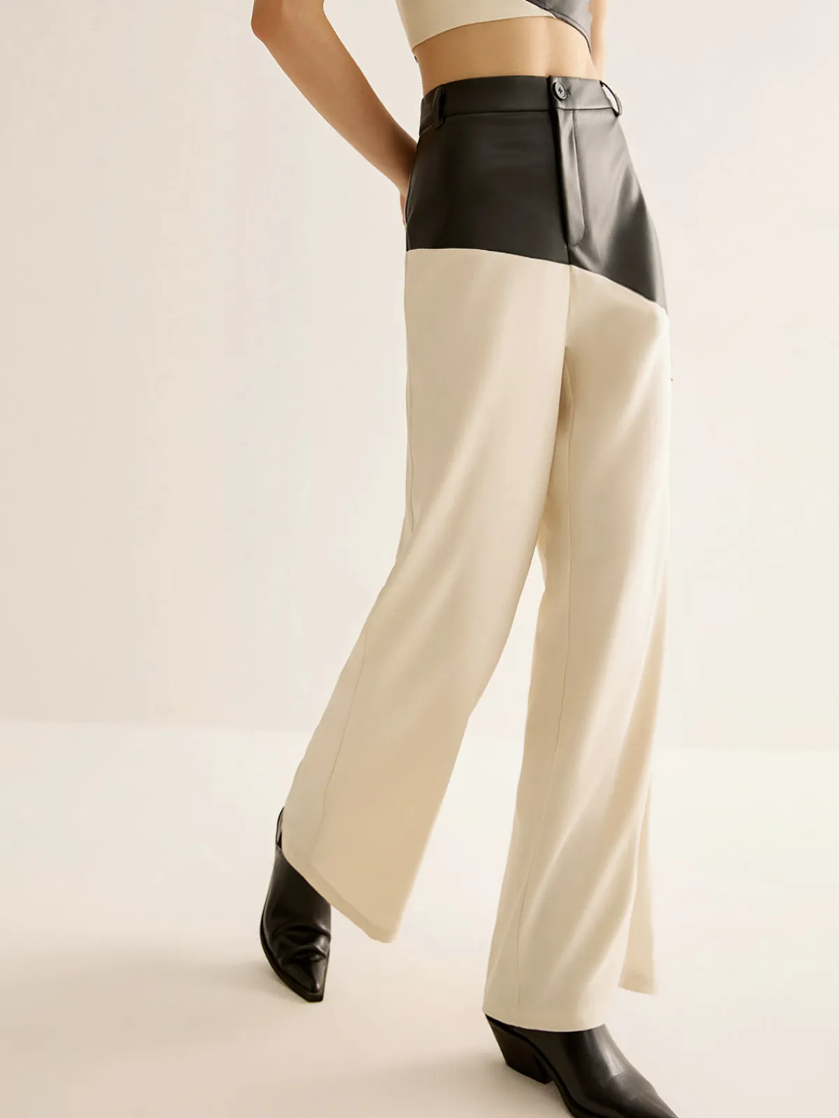 Color Block Faux Leather Pants Pants|Matching Sets