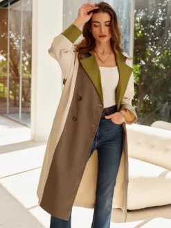 Color Block Faux Leather Trench Coat Outerwear|Tops