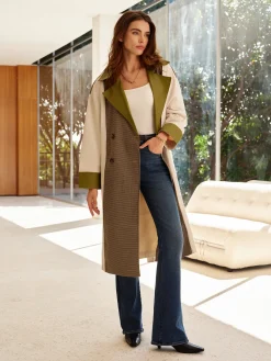 Color Block Faux Leather Trench Coat Outerwear|Tops
