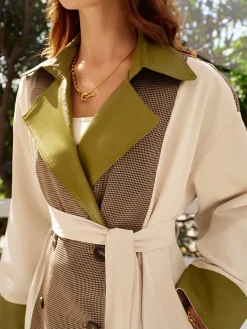Color Block Faux Leather Trench Coat Outerwear|Tops