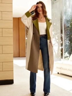 Color Block Faux Leather Trench Coat Outerwear|Tops