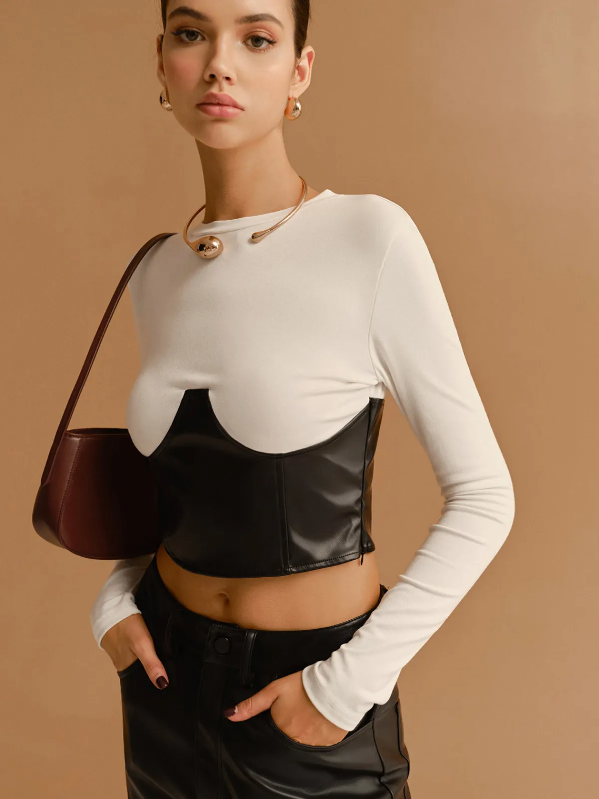 Clearance Color Block Faux Leather Crop Blouse Crop Tops|Blouses & Shirts