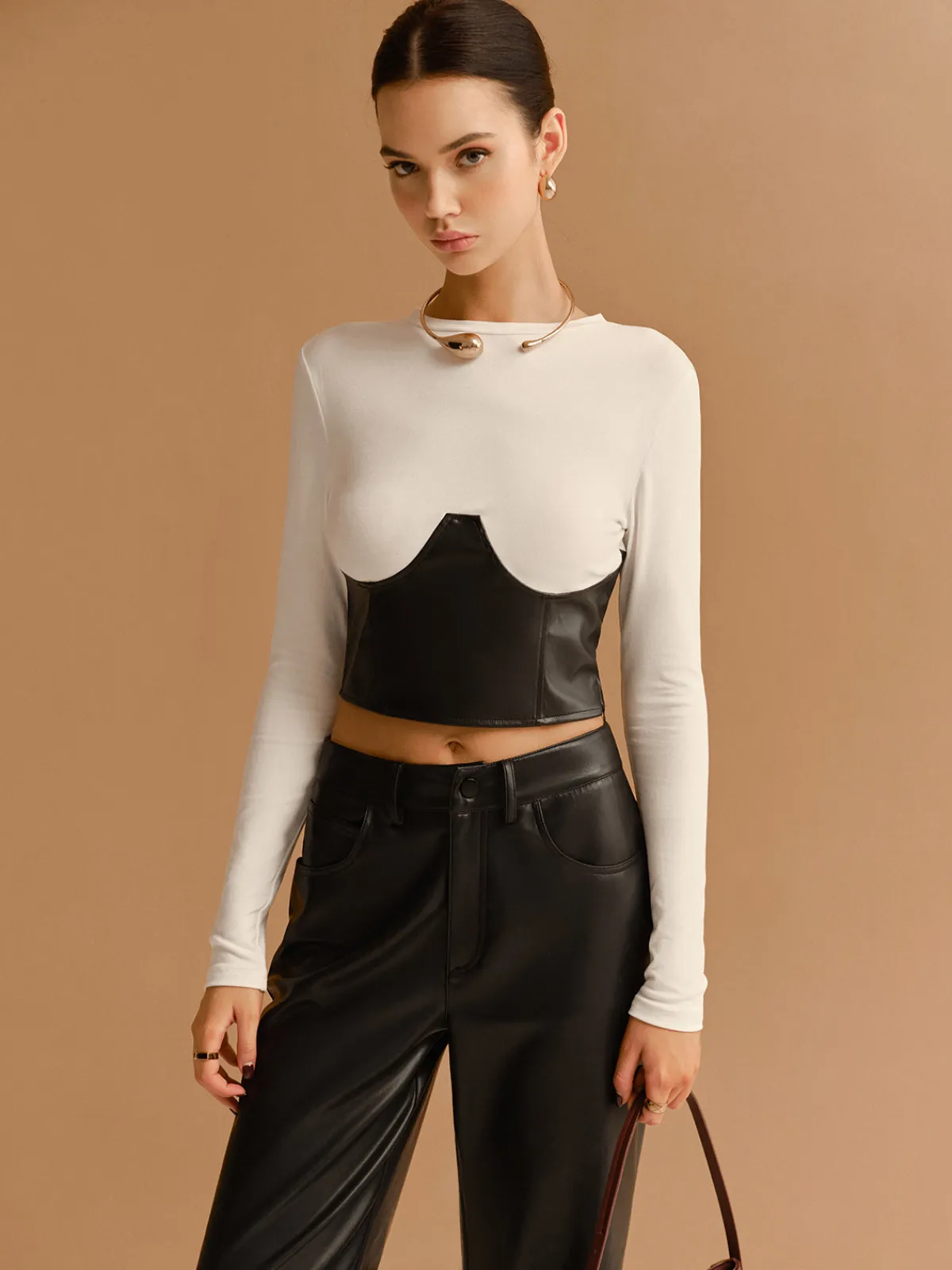 Clearance Color Block Faux Leather Crop Blouse Crop Tops|Blouses & Shirts