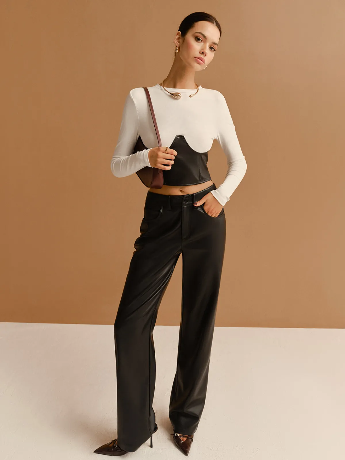 Clearance Color Block Faux Leather Crop Blouse Crop Tops|Blouses & Shirts