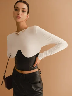 Clearance Color Block Faux Leather Crop Blouse Crop Tops|Blouses & Shirts