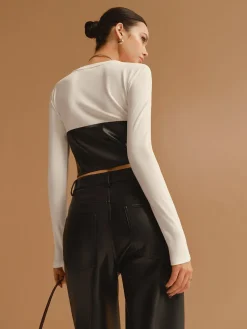 Clearance Color Block Faux Leather Crop Blouse Crop Tops|Blouses & Shirts