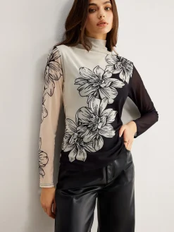 Color Block Floral Mesh Top T-shirts|Tops
